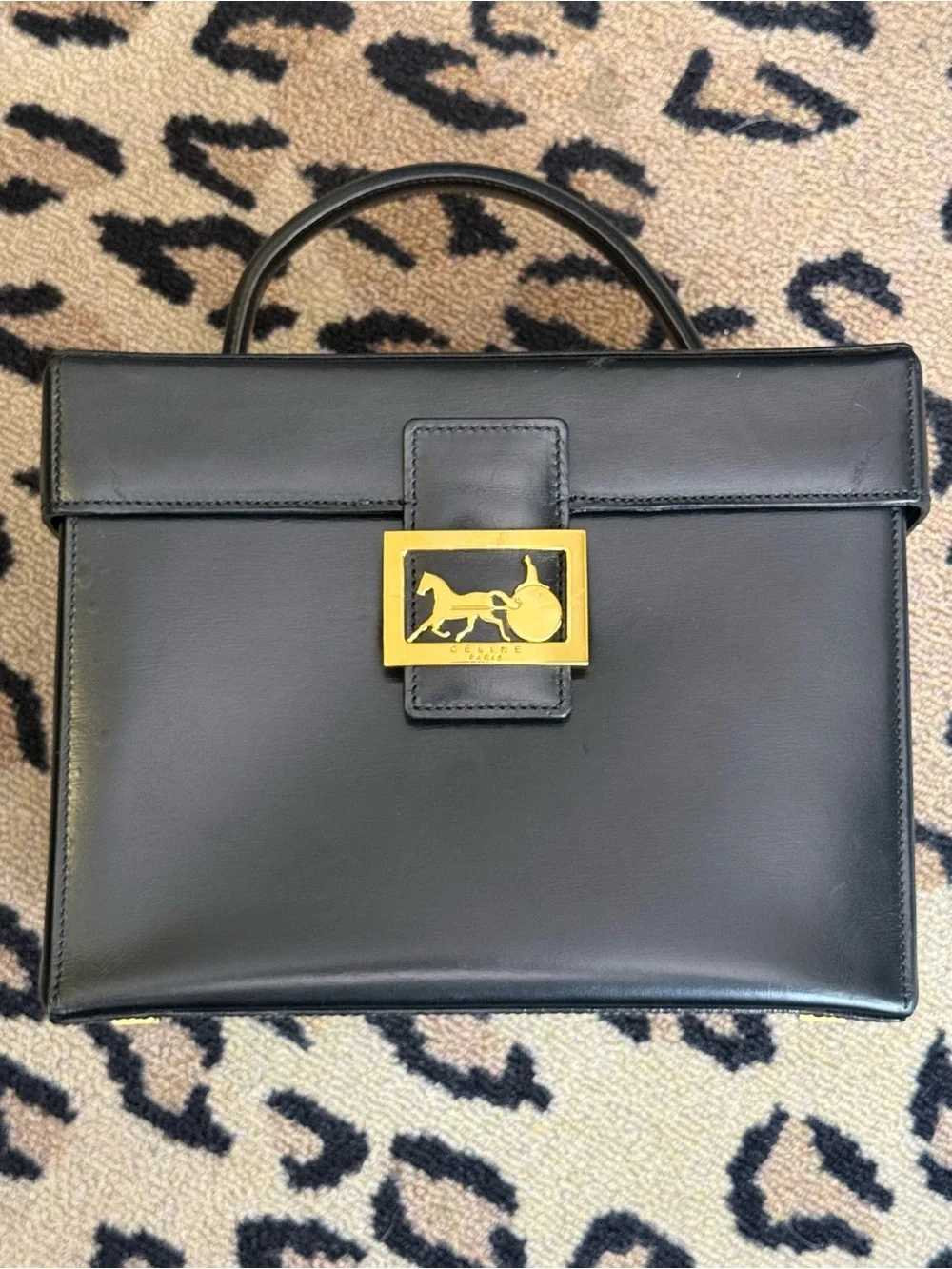 Vintage Celine Black Leather Top Handle Carrying Case w/ Gold Horse Plaque Lock